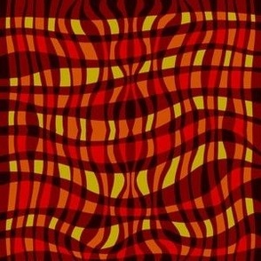 Wiggly woven stripes in plaid effect small red, tan , yellow