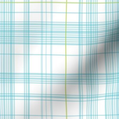 Bar plaid in sea blue turquoise and light grass green on white 100
