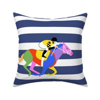 Horse Racing for 18 inch square pillows Color Block on Blue and White Stripes