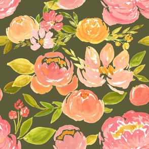 Meadow Sweet Pink Floral - hunter green 