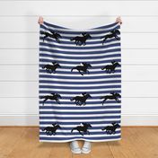 Horse Racing for 18 inch square pillows Black Silhouette on Blue and White Stripes