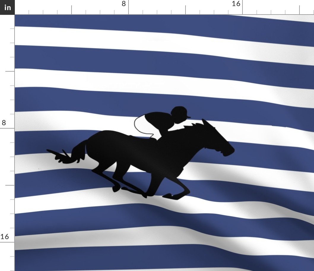 Horse Racing for 18 inch square pillows Black Silhouette on Blue and White Stripes