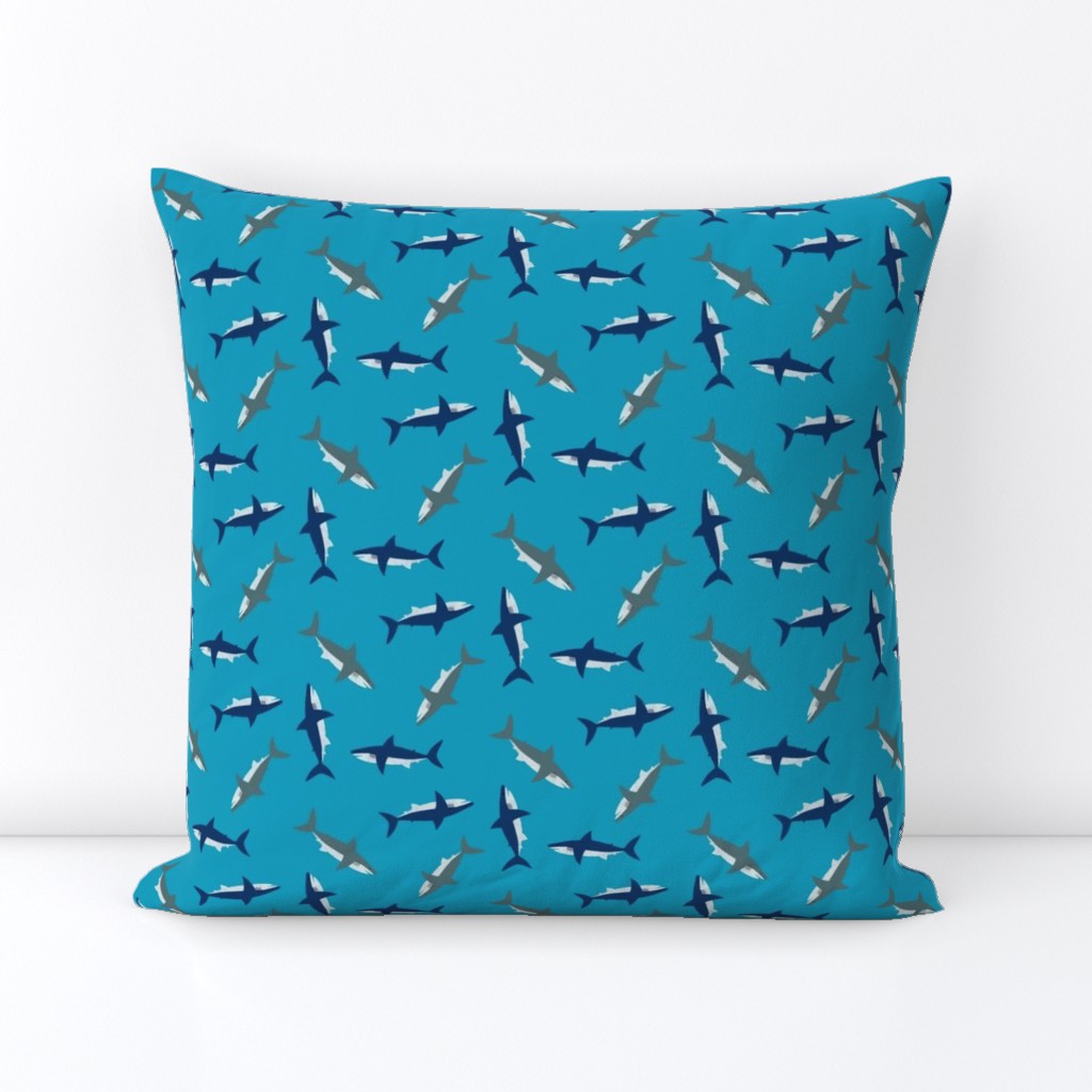 Blue and Grey Sharks on Cyan Blue by Brittanylane