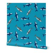 Blue and Grey Sharks on Cyan Blue by Brittanylane