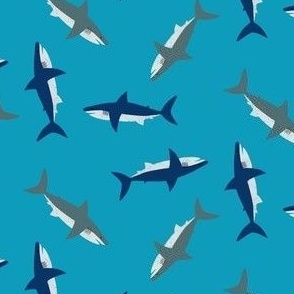 Blue and Grey Sharks on Cyan Blue by Brittanylane