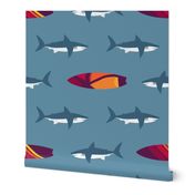 Sharks and Surfboards on Slate Blue by Brittanylane