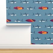 Sharks and Surfboards on Slate Blue by Brittanylane