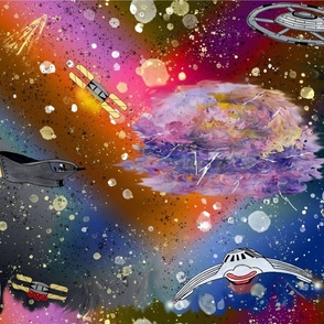 space-exploration-gas-giant-space-ships-meteors-stars-pink-purple-blue-orange-yellow-white-black-