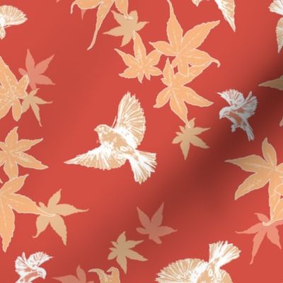 Birds & Maple Leaves - Russet & Peach - Medium Scale