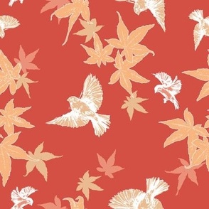 Birds & Maple Leaves - Russet & Peach - Medium Scale