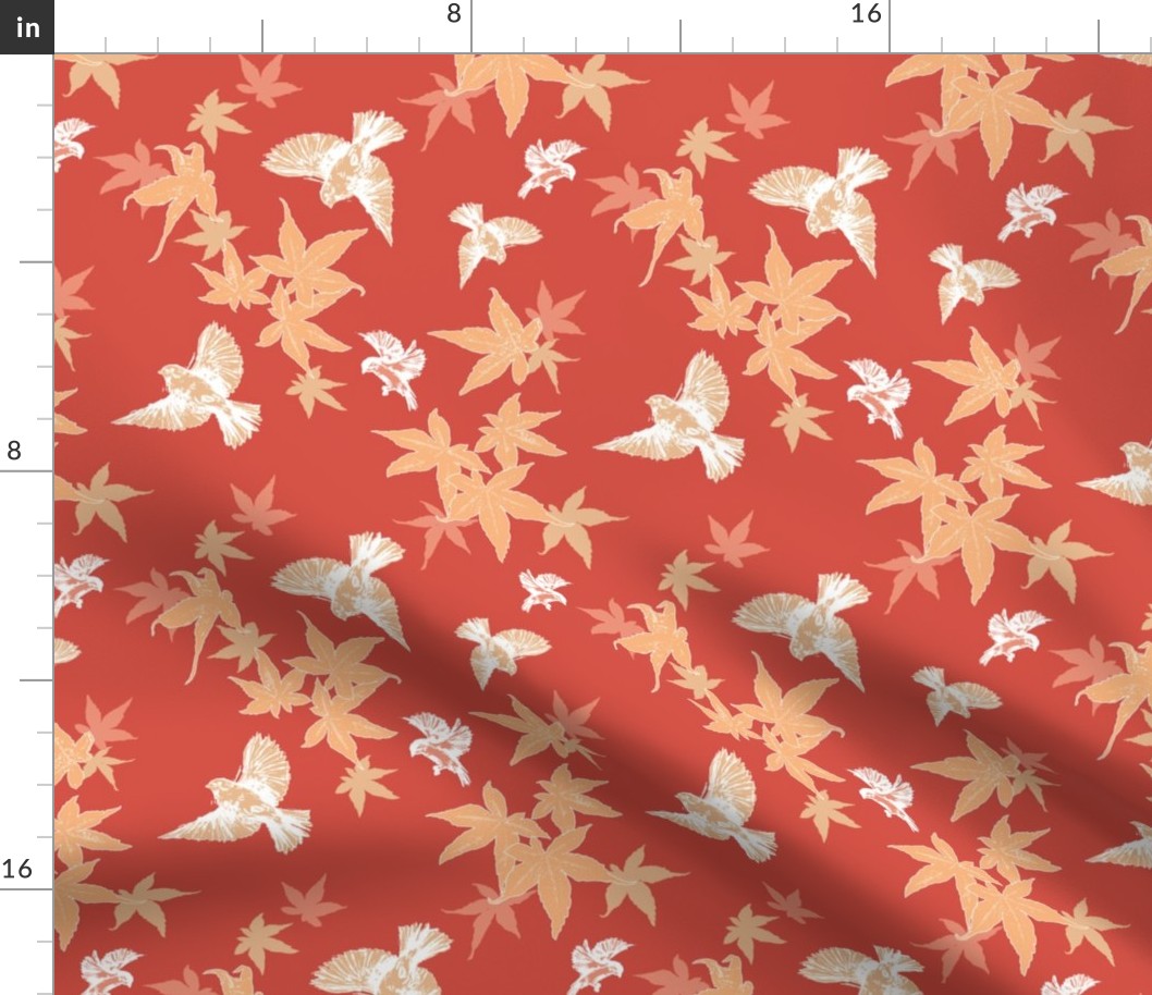 Birds & Maple Leaves - Russet & Peach - Medium Scale