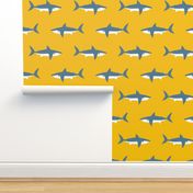 Swimming Sharks on Yellow by Brittanylane