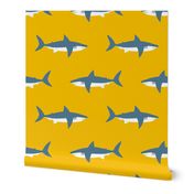 Swimming Sharks on Yellow by Brittanylane