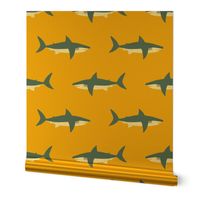Swimming Sharks on Yellow by Brittanylane