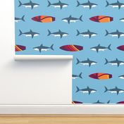 Sharks and Surfboards on Ocean Sky Blue by Brittanylane