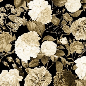 retro floral sepia monotone on dark background