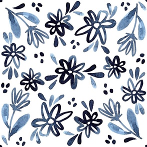 Indigo Watercolor Wildflower Pattern with Daisies and Dots 