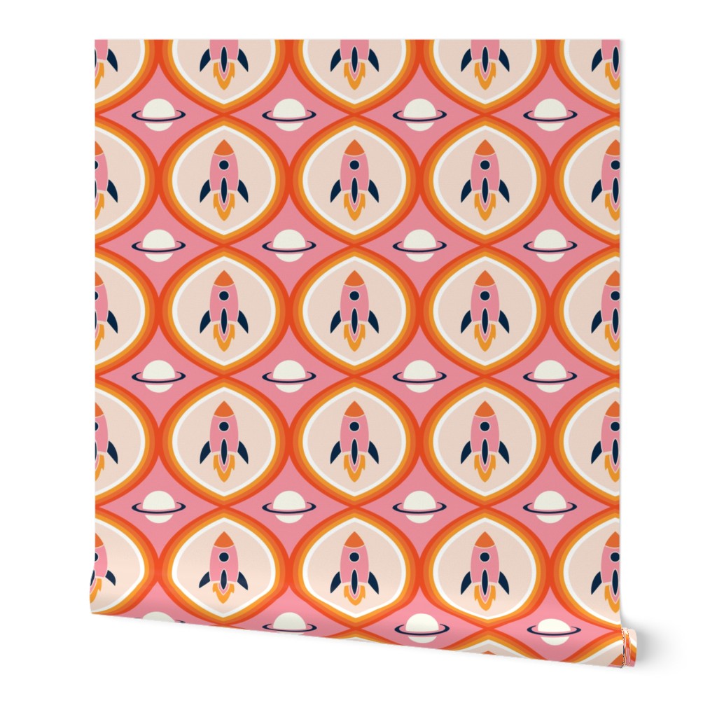 Retro Space Exploration - Rockets and Planets in pink and orange vintage colors