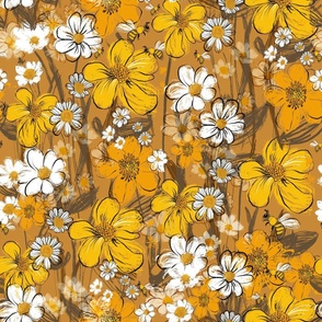 70s floral sketchy warm colors retro with bees