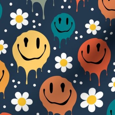 Large Scale Retro Drippy Melting Smile Faces and Daisy Flowers on Navy