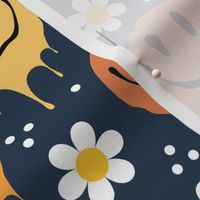 Large Scale Retro Drippy Melting Smile Faces and Daisy Flowers on Navy