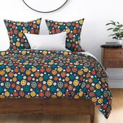 Large Scale Retro Drippy Melting Smile Faces and Daisy Flowers on Navy