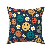 Large Scale Retro Drippy Melting Smile Faces and Daisy Flowers on Navy