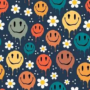 Large Scale Retro Drippy Melting Smile Faces and Daisy Flowers on Navy