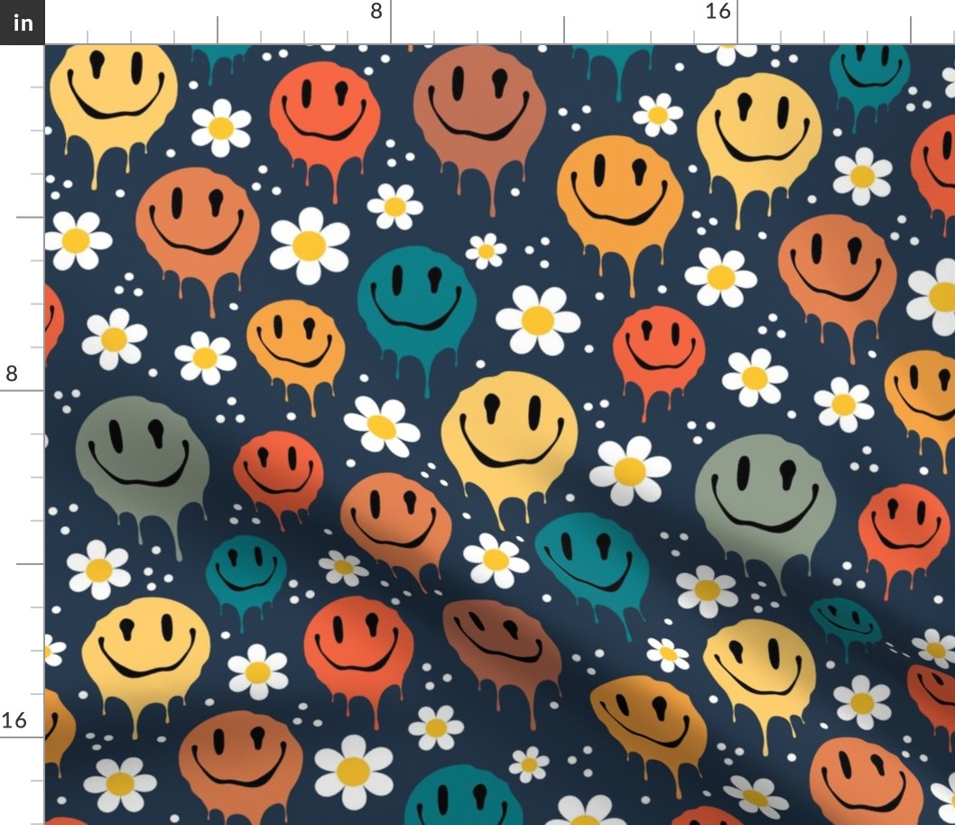 Large Scale Retro Drippy Melting Smile Faces and Daisy Flowers on Navy