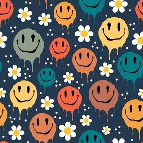 Medium Scale Retro Drippy Melting Smile Faces and Daisy Flowers on Navy