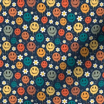 Small Scale Retro Drippy Melting Smile Faces and Daisy Flowers on Navy