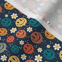 Small Scale Retro Drippy Melting Smile Faces and Daisy Flowers on Navy