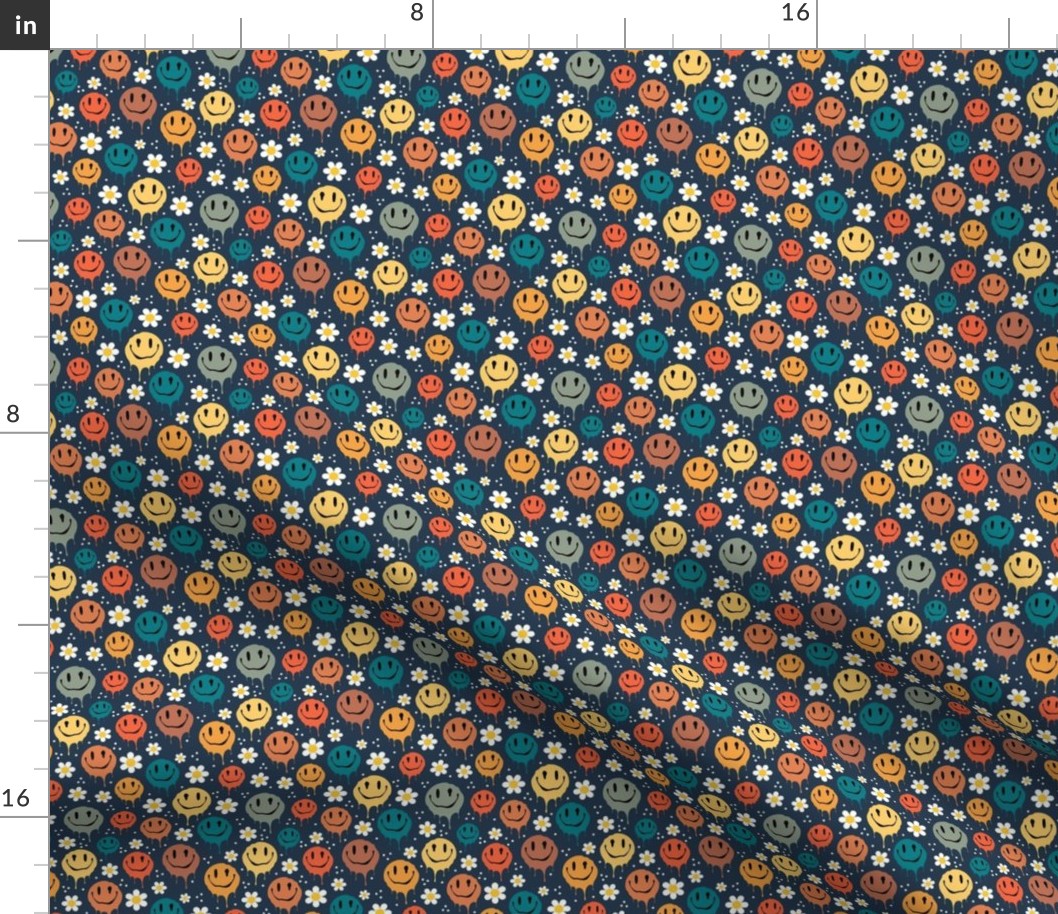 Small Scale Retro Drippy Melting Smile Faces and Daisy Flowers on Navy
