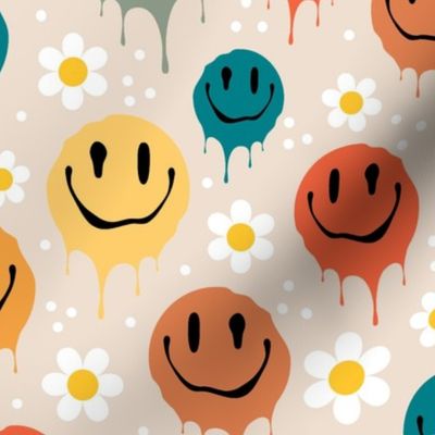 Large Scale Retro Drippy Melting Smile Faces and Daisy Flowers on Sand