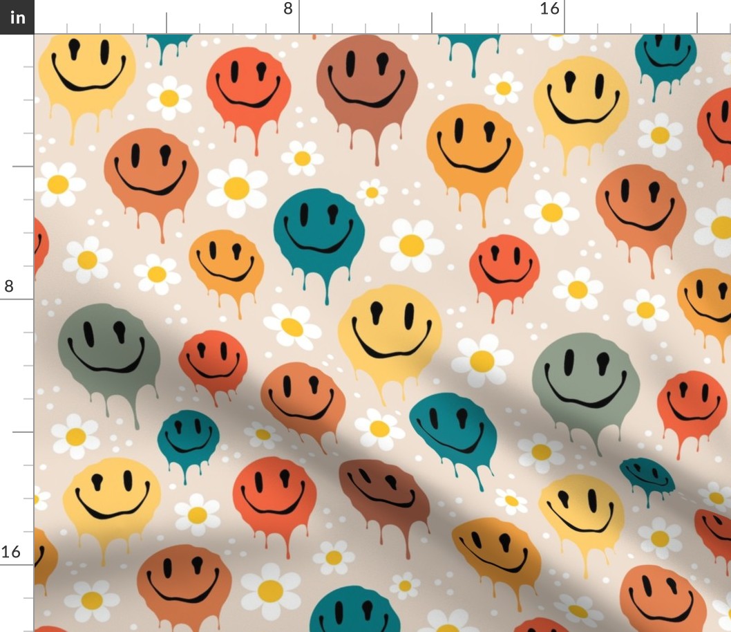 Large Scale Retro Drippy Melting Smile Faces and Daisy Flowers on Sand