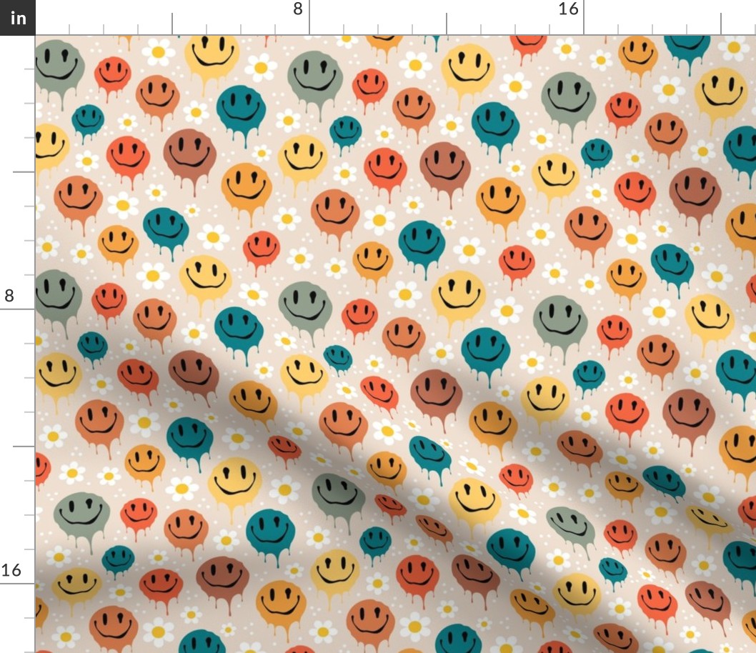 Medium Scale Retro Drippy Melting Smile Faces and Daisy Flowers on Sand