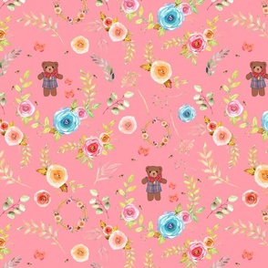 Dreamy Spring Garden (Teddy Bear) - coral pink, medium 