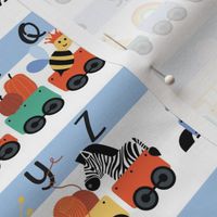 Kindergarten  teacher - alphabet train with animals and kids musical instruments and objects school design blue mint yellow on white neutral