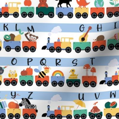 Kindergarten  teacher - alphabet train with animals and kids musical instruments and objects school design blue mint yellow on white neutral
