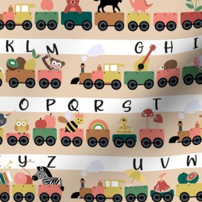 Kindergarten  teacher - alphabet train with animals and kids musical instruments and objects school design vintage beige green neutral earthy tones