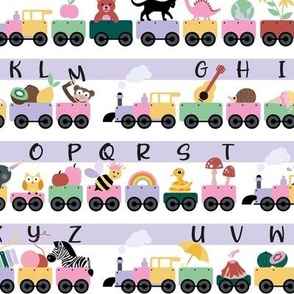Kindergarten  teacher - alphabet train with animals and kids musical instruments and objects school design colorful girls pink lilac mint