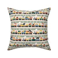 Kindergarten teacher - alphabet train with animals and kids musical instruments and objects school design colorful boys sage gray yellow vintage palette