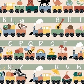 Kindergarten alphabet train with animals and kids musical instruments and objects school design colorful boys sage gray yellow vintage palette