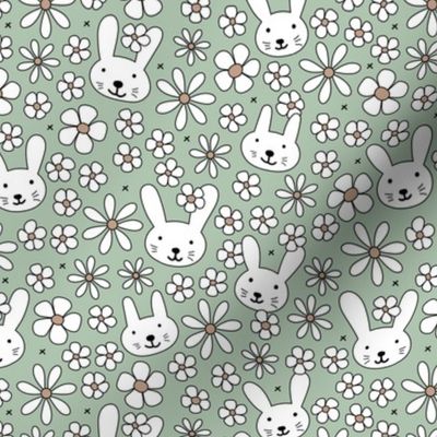 Cute spring blossom floral bunnies cutesie kids design with daisies and bunny on sage green