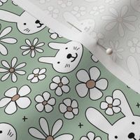 Cute spring blossom floral bunnies cutesie kids design with daisies and bunny on sage green