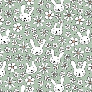 Cute spring blossom floral bunnies cutesie kids design with daisies and bunny on sage green