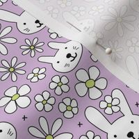 Cute spring blossom floral bunnies cutesie kids design with daisies and bunny on lilac purple