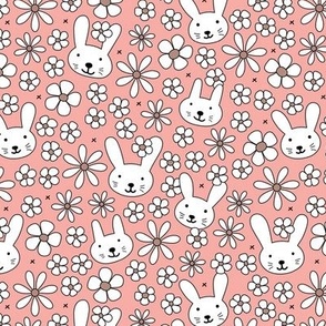 Cute spring blossom floral bunnies cutesie kids design with daisies and bunny on moody coral vintage seventies pink