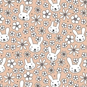 Cute spring blossom floral bunnies cutesie kids design with daisies and bunny on seventies vintage tan beige