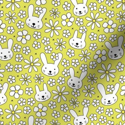 Cute spring blossom floral bunnies cutesie kids design with daisies and bunny on lime green nineties palette 